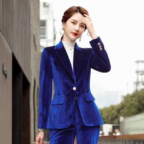 Business women Pant Suits Golden velvet Single Button woman Jacket and Long Pant Blazer Set female OL 2 Two Pieces Suits