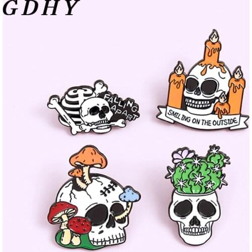GDHY Skull smlling on the outside Enamel Pin Dead Cactus Mushroom Candles Brooches Bag Lapel Pin Punk Dark Gothic Badge Jewelry