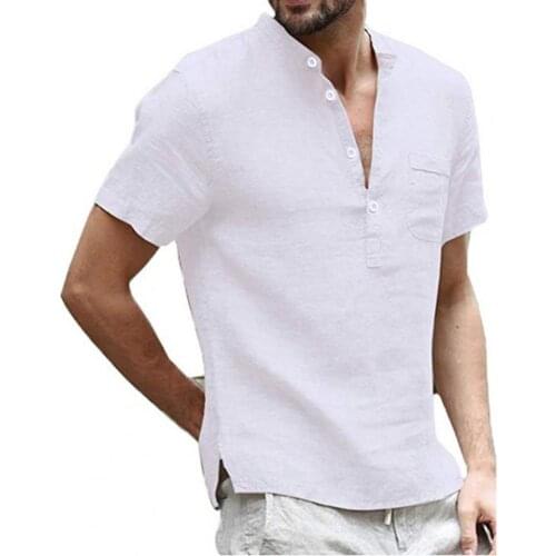 Summer Solid Color Stand Collar Men Shirt Quick Drying Buttons V Neck Short Sleeve Casual Male Loose T-shirt Pullover Top