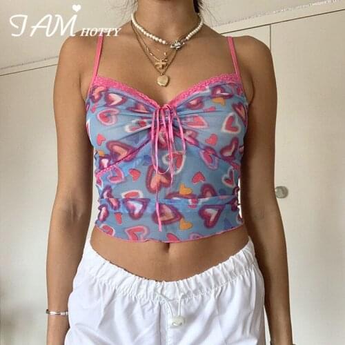 Heart Print Mesh y2k Crop Top Women Harajuku Kawaii Ribbons Tie-up Blue Contrast Corset Camisole Retro Fashion Summer Iamhotty