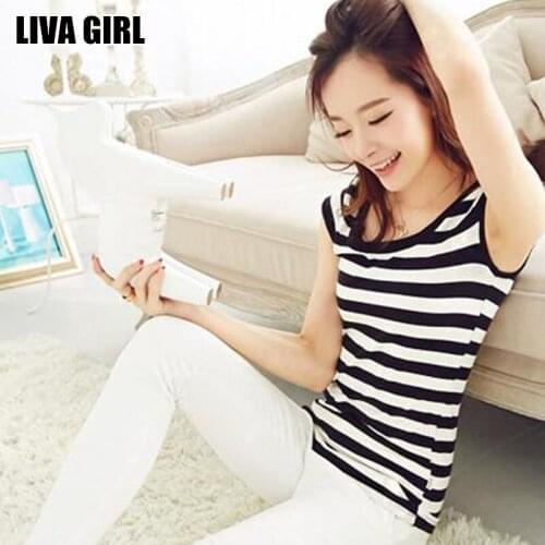 Liva Girl Hot Sale Women Slim Striped T-Shirt Black White O-Neck Tops Tees Plus Size XXL All-match Shirts Ladies Female Gifts