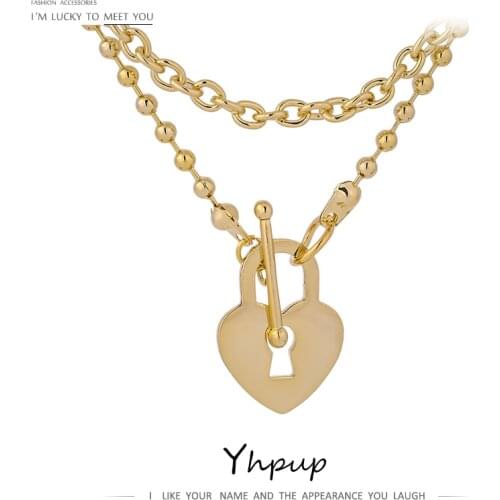Yhpup Fashion Heart Lock Layered Pendant Necklace Trendy Golden Metal Texture Copper Choker Necklace for Women ожерелье 2021
