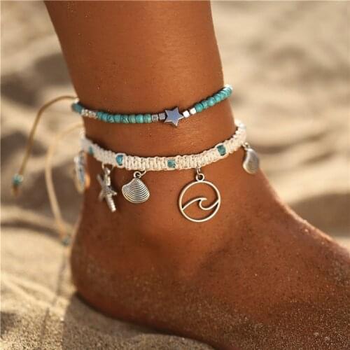 Fashion Starfish Shell Anklets For Women Summer Multilayered Ocean Beach Star Sea Turtle Ankle Bracelet Foot Leg Jewelry