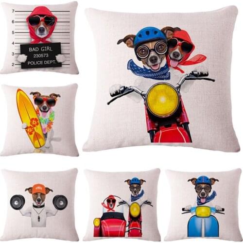 Cartoon Dog Funny Cute Cushion Pet Dog Riding Motorcycle Style Throw Pillowcase Cotton Linen Home Decorative Car Sofa Pillowsham