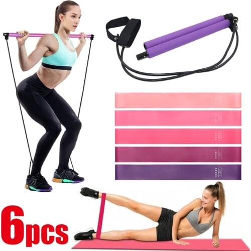 6pcs Set Portable 2 Foot Loops Lightweight Trainer Pilates Bar Stick with Yoga Resistance Band for Gym Home Fitness Body Workout