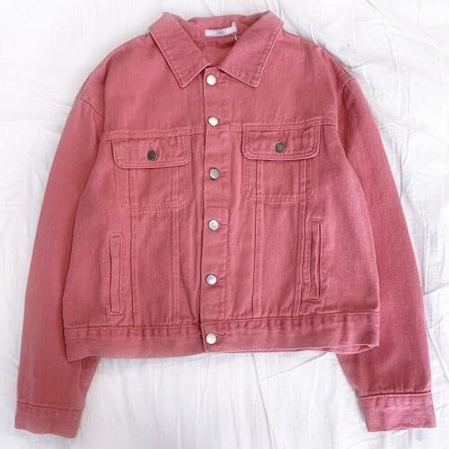 Autumn pink girl retro pocket design Japanese turn-down buttoned loose long-sleeved denim jacket
