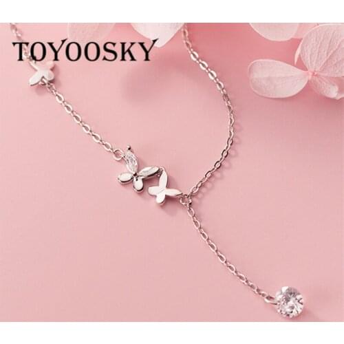 Sparkling Zircon Tassel Butterfly Necklace 925 Sterling Silver Short Clavicle Chain Choker Necklace For Women Insect Jewelry