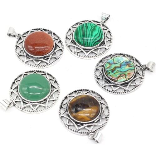 Natural Stone Pendants Exquisite Round Crystal Agates Stone Alloy Pendant Charms for Jewelry Making Necklace Bracelet Earrings