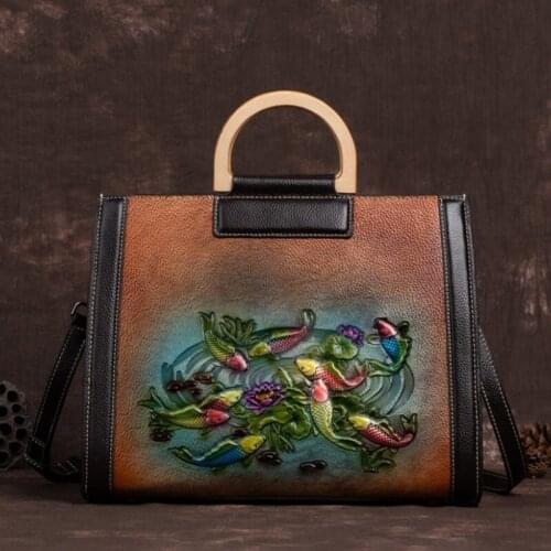 Retro Luxury Handbag 2021 Winter Genuine Leather Vintage Women Bag Fish Embossed Handmade Cowhide Large Capacity Shoulder Bags