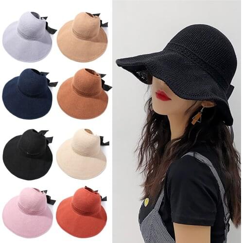 2021 New Arrival Foldable Wide Brim Beach Hat Women Girls Bowknot Straw Cap Visors Portable Sun Hat Summer Casual Accessories