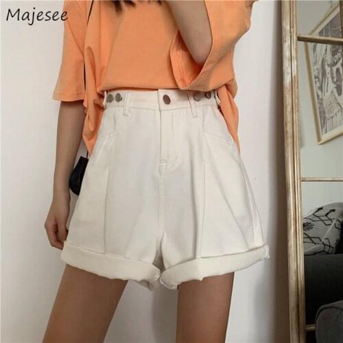Shorts Women High Waist Solid Denim Straight Vintage Design Basic Slim Korean Style Students Daily Streetwear Female Trendy Chic