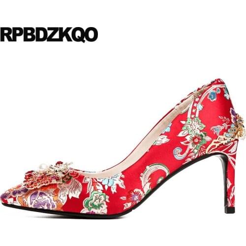 Embroidered Metal Thin Pointed Toe Ladies Shoes For Wedding High Heels Flower 8cm Women Bridal Pearl Bride Multi Colored Pumps