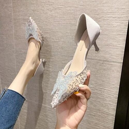 Summer Crystal butterfly bling mesh pumps woman sandals cut out talons hauts pointed toe stiletto high heels shoes women 2021