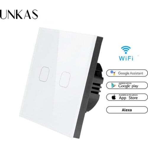 UNKAS Alexa Google Home 86 Type Touch Switch 2 gang 1 way wifi light switch White APP Wireless Remote EU Standard