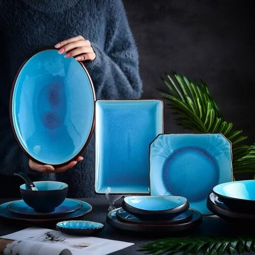 Japanese Blue Ceramic Food Plates Thick Lips Dinner Salad Bowl Saucer Rectangle Dish Fish Dinnerware Set Wholesale