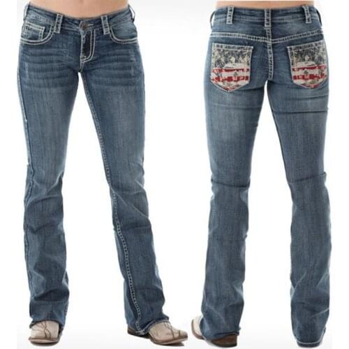 Womens Jeans Printed Washed Flare Womens Jeans Trousers Wide Leg Jeans