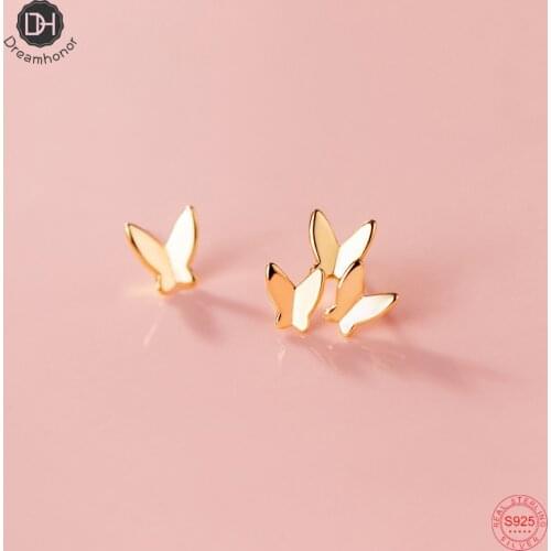 Dreamhonor Solid 925 Sterling Silver 14K Gold Color Glossy Butterfly Stud Earrings Animal Gifts Jewelry Wholesale