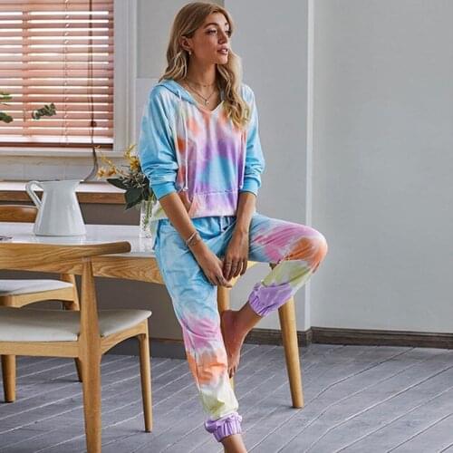 Women Gradient Color Pajamas Suits Long-Sleeve Tops&Trousers Two-Piece Suit Sleepwear Hooded Knitted Casual Home Clothing Set