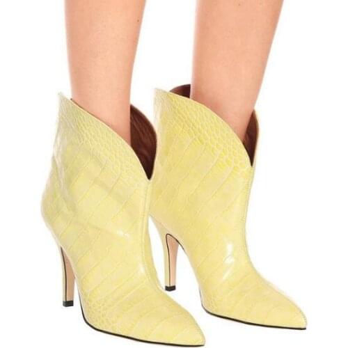 Dipsloot New Woman Fashion Yellow White Black Crocodile Pattern Short Boots Female Pointed Toe 7 cm V Shape High Heel Booties
