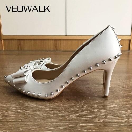 Veowalk Bowknot Women White Matte Stillettos High Heel with Spikes Elegant Ladies Slip On Pointed Toe Pumps Party Dress Shoes