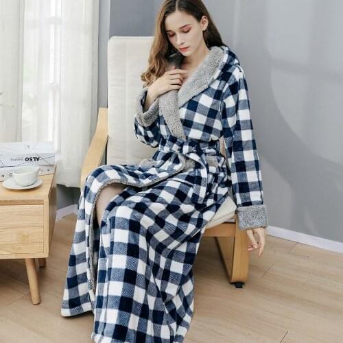 Women Bathrobe Nightgown Winter Thick Warm Robe Plaid Fleece Hooded Robes Female Long Dressing Gown Robes Home Sleepwear