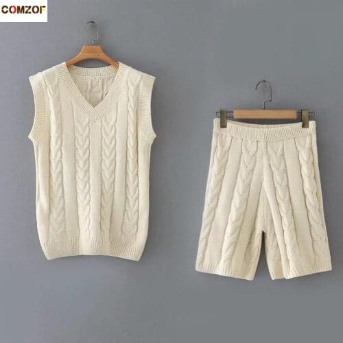 New Arrival Women Fashion 2 Piece Set Sweater Tank Top+Short High Waist Knitting Suits Streetwear Clothing Chandal Mujer