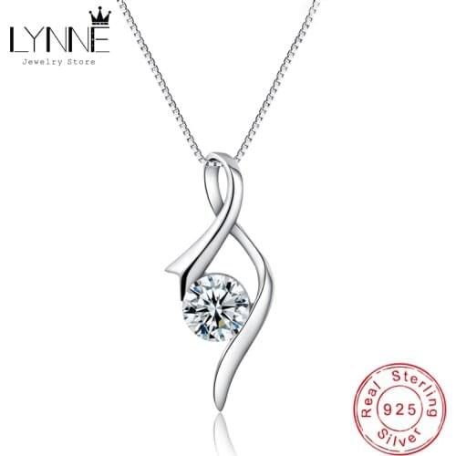 LYNNE Jewelry 925 Sterling Silver Ribbon Zircon Pendant Necklace Women Fashion Party Gift Wild Note Rhinestone CZ Clavicle Chain
