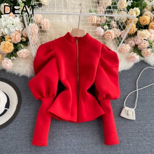 DEAT Women 2021 Spring Autumn New Arrivals Solid Color Stand Collar Puff Sleeve Zipper Collect Fashion Temperament Coat MZ570