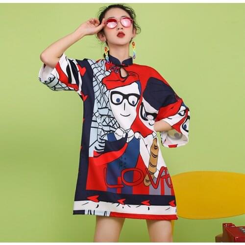 Fashion Japanese Harajuku Style Party Dress Women Chinese Retro Printed Cheongsam Girl Travel Casual Qipao Club Dress Streetwear