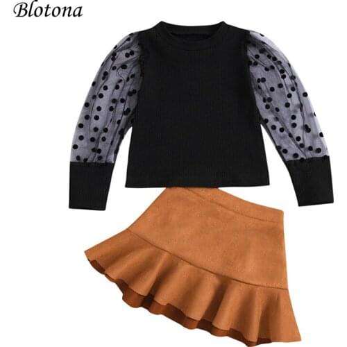 Blotona Little Girls Stylish 2Pcs Outfits, O-Neck Polka Dots Mesh Long Sleeve T-Shirt Tops+ Solid Color Pleated Skirt, 2-7Years