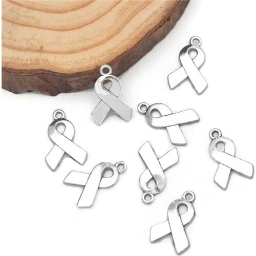 20Pcs Antique Silver Breast Cancer Awareness Hope Ribbon Charms Pendants 19x13mm for Jewelry Making
