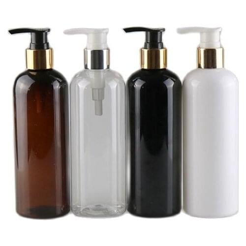 300ML X 20 Black White PET Plastic Bottle With Silver/Gold Lotion Pump, Empty Shampoo Shower Gel Cosmetics Refillable Bottles