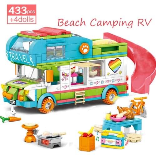 433Pcs Girl Street View Beach Camping Car Building Block Friends Seaside Sandy Beach Education Girls DIY Play House Bricks Toys