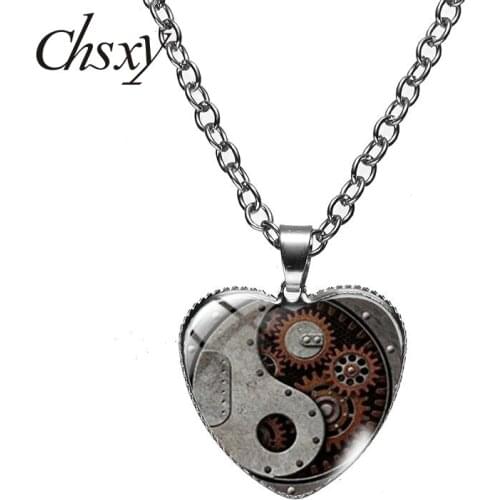 CHSXY Chinese Taoism Tai Ji Yin Yang Pattern Heart Necklace Art Photo Glass Cabochon Pendant Choker For Friends Men Jewelry Gift