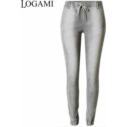 LOGAMI Elastic Waist Jeans Woman Casual Denim Pants Boyfriend Jeans For Women Grey