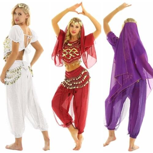 4Pc Women Belly Dance Halloween Carnival India Dance Costume Outfit Lanterns Sleeves Coins Top with Harem Pants Scarf Head Scarf