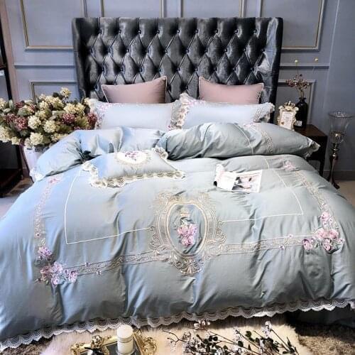 36 cotton Luxury King Queen size Bedding Set Embroidery duvet covers Classical Blue Pink Bed cover set couvre lit
