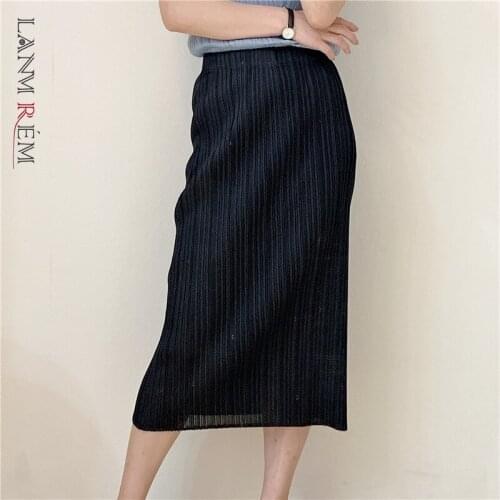 LANMREM 2021 Spring New Elastic Waist Casual Loose Mid-calf Length Black Color Pleated Skirt For Women Fashion Tide 2A2867