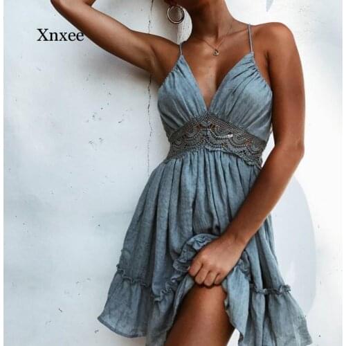 Summer Women Deep V Neck Dresses Backless Lace Up Sexy Straps Backless A-Line High Waist Dress Beach Hollow Casual Female Cloth