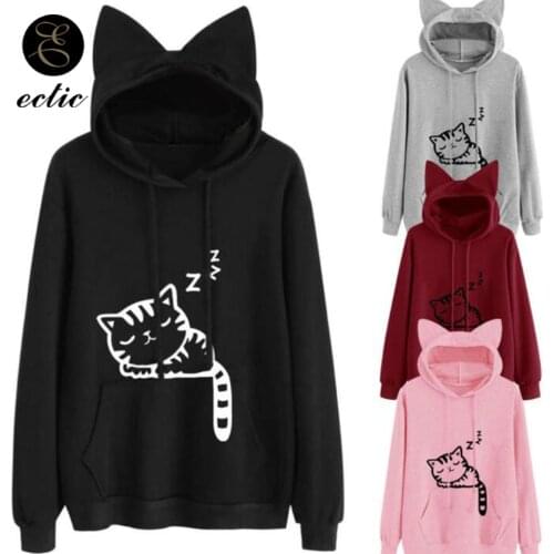 Cute Pullover Anime Cat Poleron Mujer 2021 Harajuku Kawaii xxl Korean Oversized Sweatshirt Women Kangaroo Pocket Hoodie Cat Ears