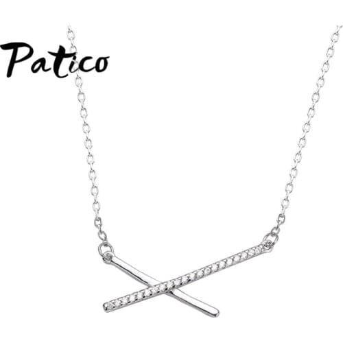 Trendy 925 Sterling Silver Jewelry Shiny CZ Zirconia Geometric Strip Pendant Chain Necklace For Women Gift