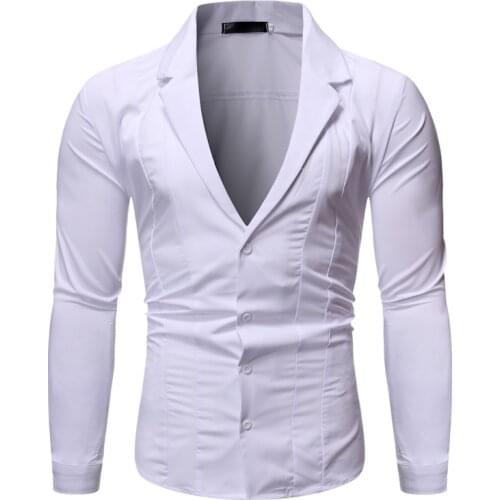 2019 Men New Front Buckle V-neck Shirt Men Solid Color Leisure Long-sleeve Shirt