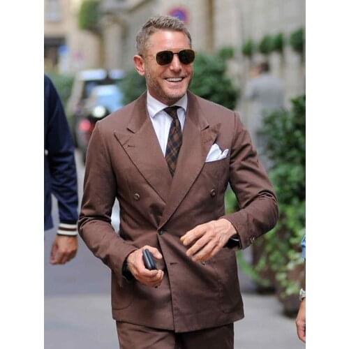 ANNIEBRITNEY Brown Double Breasted Brown Slim Fit Men Suit 2 Piece Skinny Groom Wedding Tuxedo Tailor Made Prom Wedding Suit