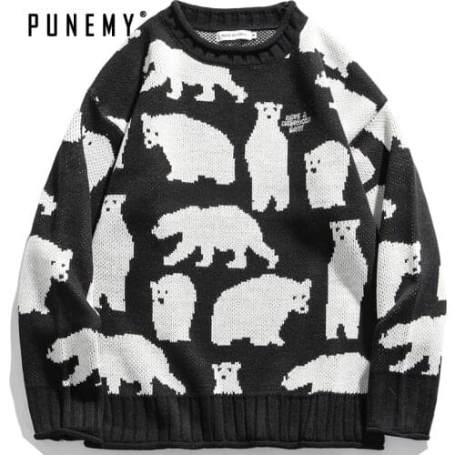 Men Sweater Vintage Polar Bear Pattern Hip Hop Streetwear Harajuku O-neck Oversize Pullover Sweter Acrylic Casual Male Sweaters