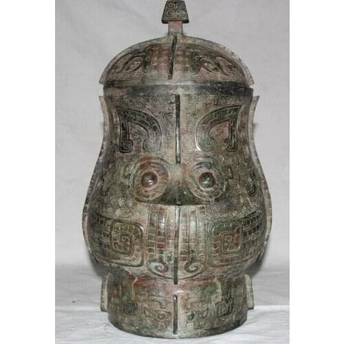 Song voge gem S2260 15 Archaic Chinese Dynasty Bronze Bird Owl Face Water Wine Container Vessel Pot