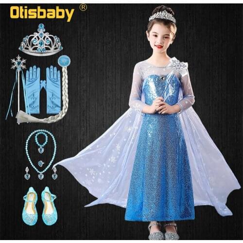 Christmas Girls Elsa Dress Party Blue Sequins Dresses for Girls Snowflake Fairy Frocks Snow Queen Princess Dress with Long Tail
