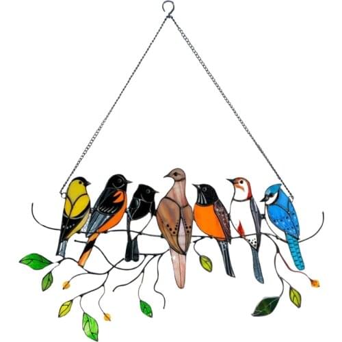 Multicolor Birds on Wire Stained Glass Suncatcher Window Panel Ornaments Pendant Home Decoration H3CF