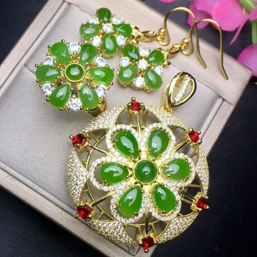 925 Silver Inlay Natural Hetian Jasper Pendant Ring Stud Earrings Set Jewelry js01