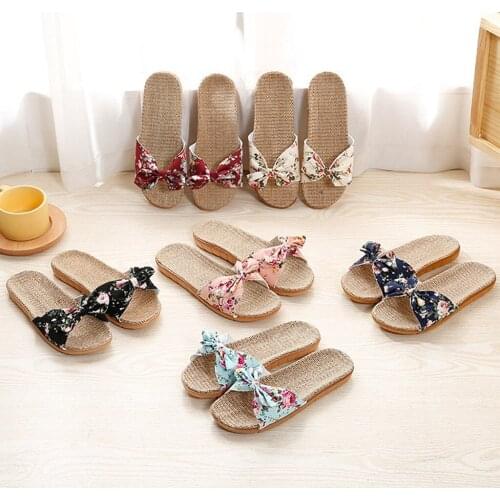 2021 Women Female Bohemia Bowknot Flax Linen Flip Flops Beach Shoes Sandals Slipper Indoor Home Slippers Shoes femme Beach Shoes