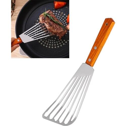 Wood Handle Fish Frying Spatula Stainless Steel Slotted Steak Turner Turning Flipping Grilling Spatula